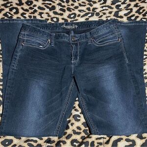 dark wash low rise bootcut jeans